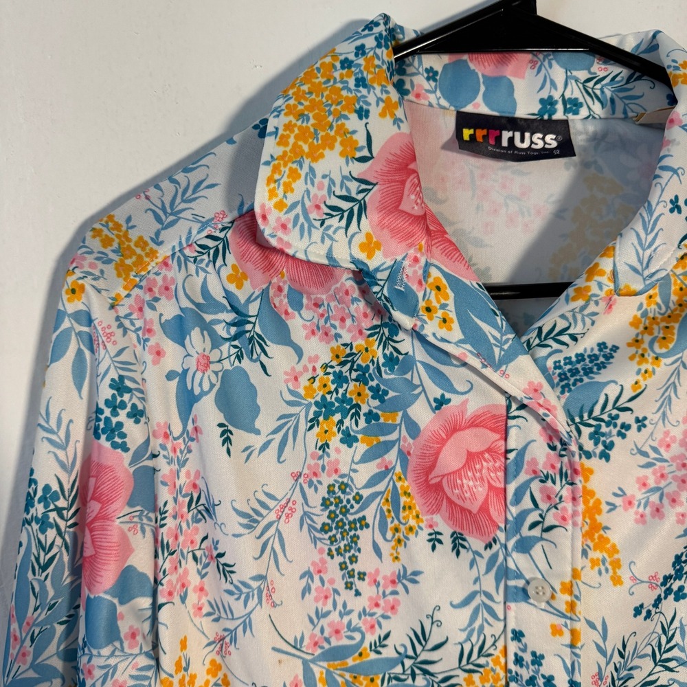 Vtg 70s Prairie Romance Floral Top Buttons Vibrant Pastel Dopamine Maximalist M - Picture 7 of 11